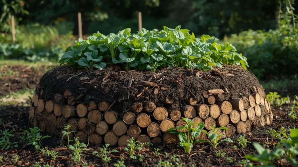 Hugelkultur raised mound bed with buried wood for improved drainage in clay soil permaculture garden