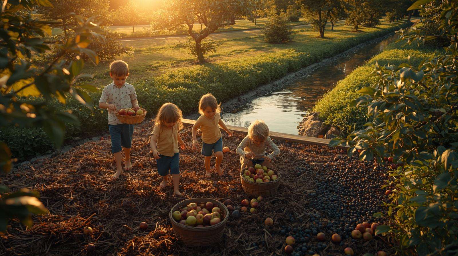 Family harvesting 1,800 lb of food from a thriving swale park food forest in year 4.