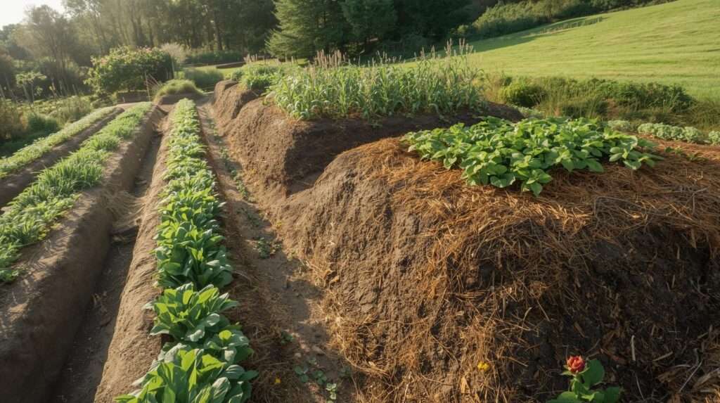 Permaculture swales and hugelkultur beds improving drainage on heavy clay soil