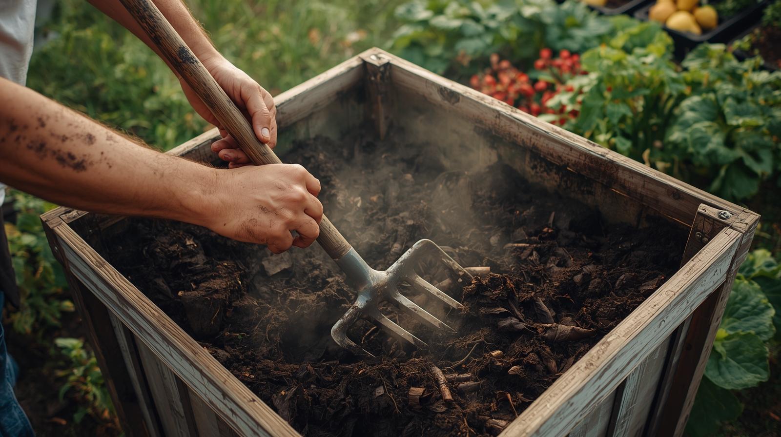 Turning and aerating a home compost pile with a pitchfork to ensure proper decomposition.