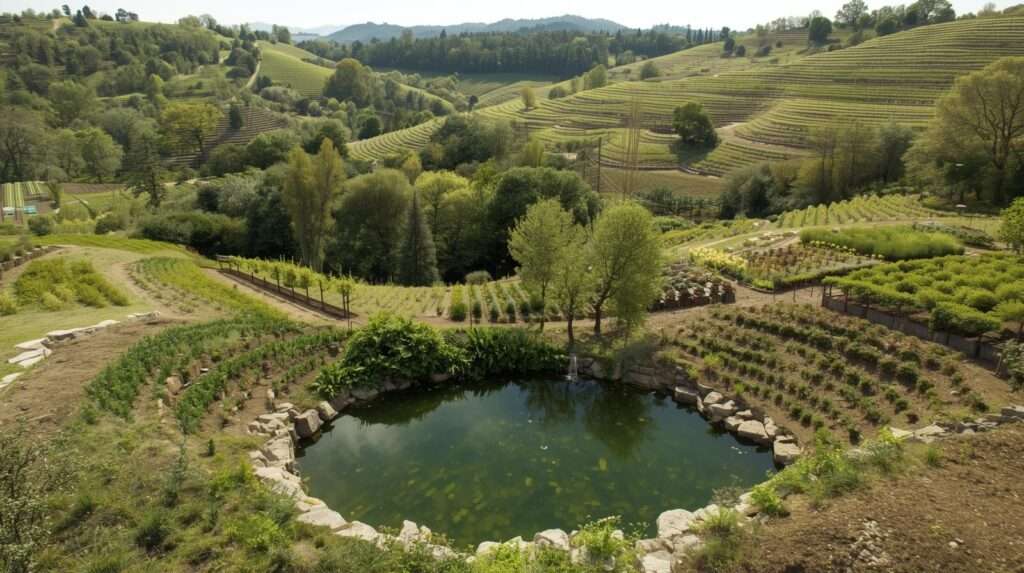Permaculture swales and pond for rainwater harvesting on a homestead