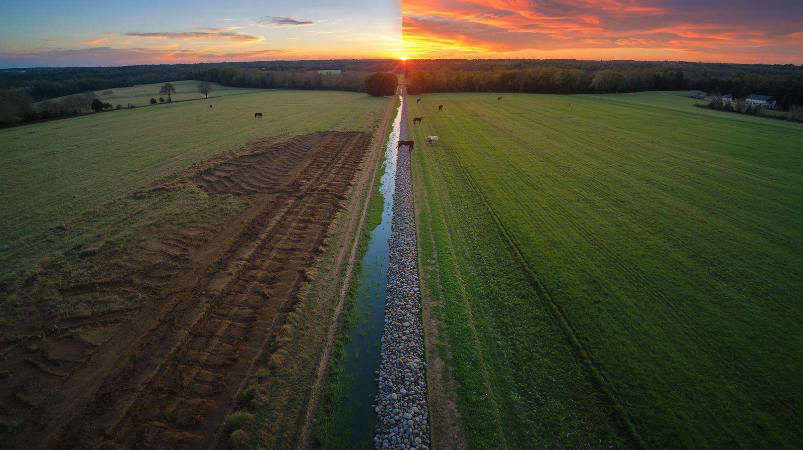 Real before-and-after using a rock swale — 18" of topsoil saved and pasture restored in Tennessee.