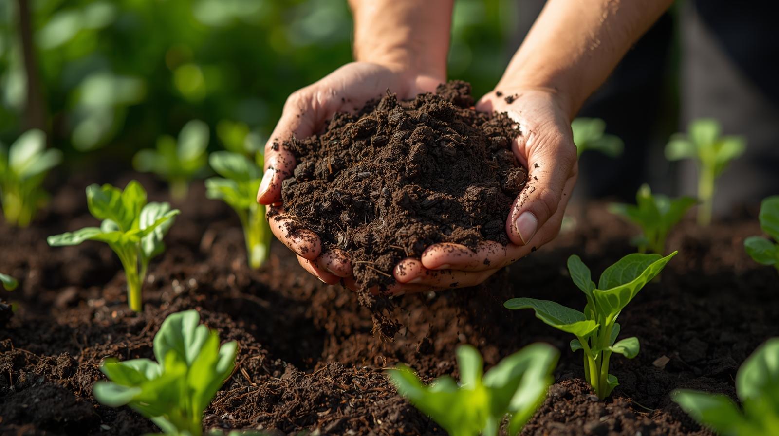 Dark crumbly finished compost being applied to garden soil for nutrient enrichment