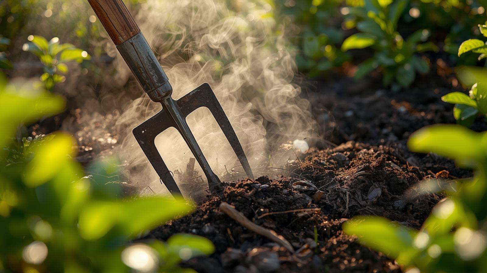 Turning a hot steaming compost pile to maintain heat and deter rodents