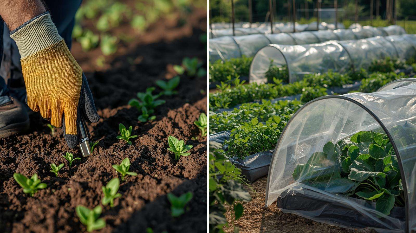 Gardener checking soil temperature with thermometer and using row covers for frost protection in vegetable garden to optimize planting dates
