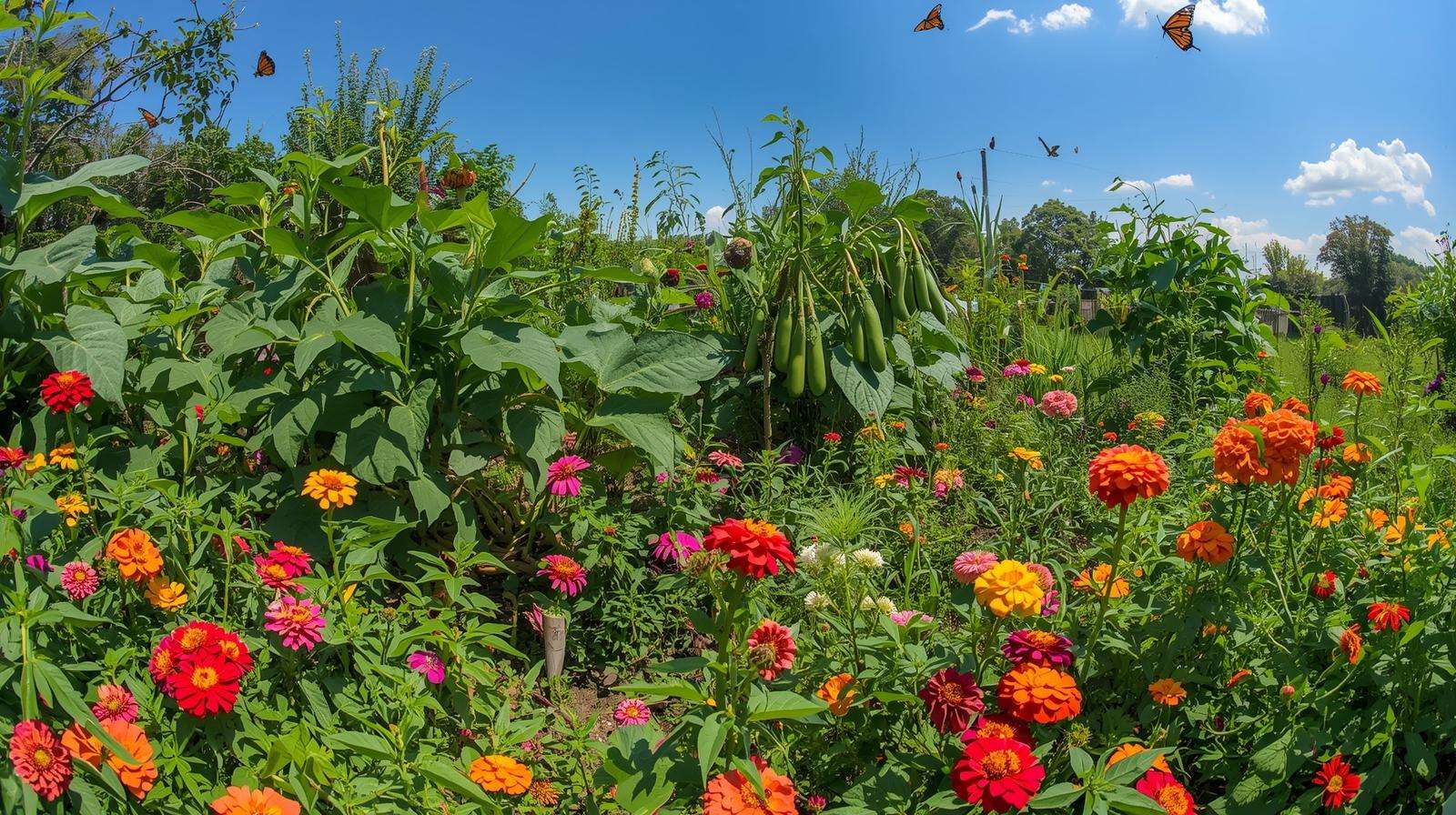 Thriving hot-climate garden with heat-tolerant vegetables and flowers producing abundant harvests and colorful blooms in summer heat