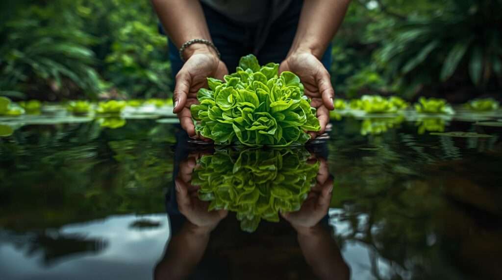 Person harvesting dwarf water lettuce from a thriving pond.