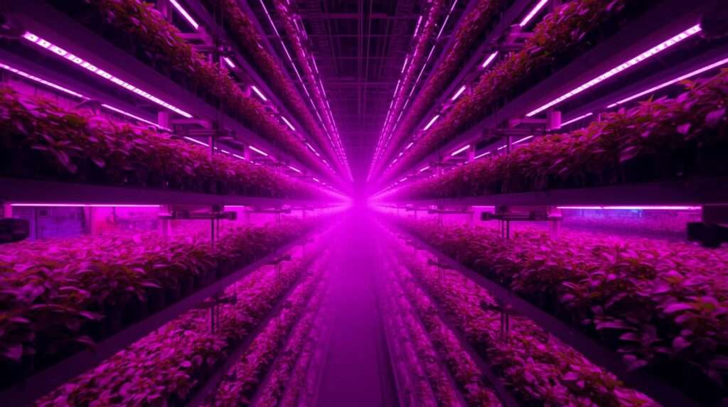 Futuristic vertical farm growing medicinal herbs with advanced LED lighting