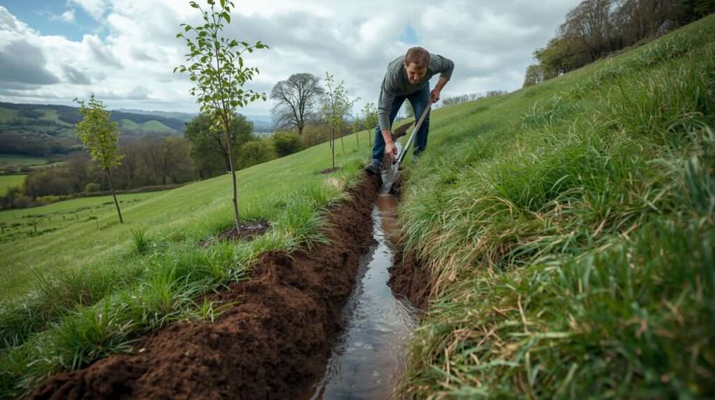Small test garden with cover crops and compost for safe first-year permaculture experiments on new land.