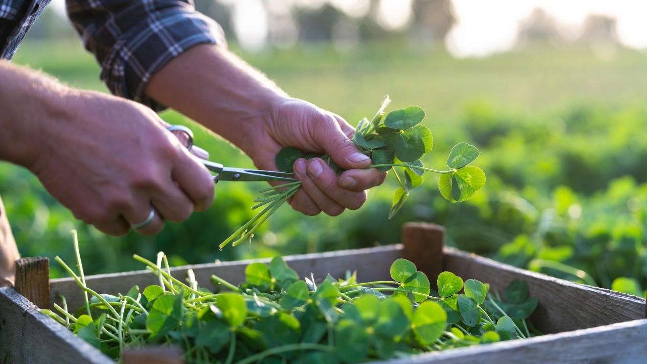 Farmer harvesting fresh four-leaf clover stems by hand for farmers market and gift sales