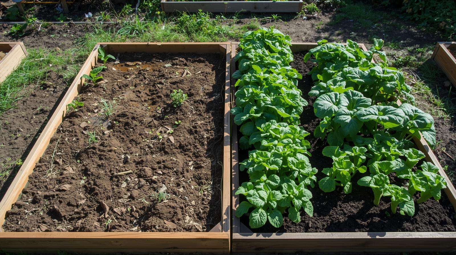 Comparison of raised beds using native soil vs custom soil mix showing plant health differences.