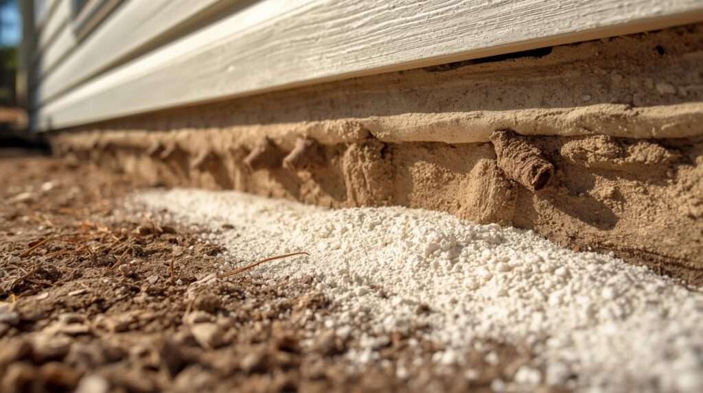 Diatomaceous earth powder applied as a natural barrier around home foundation to dehydrate and control termites.