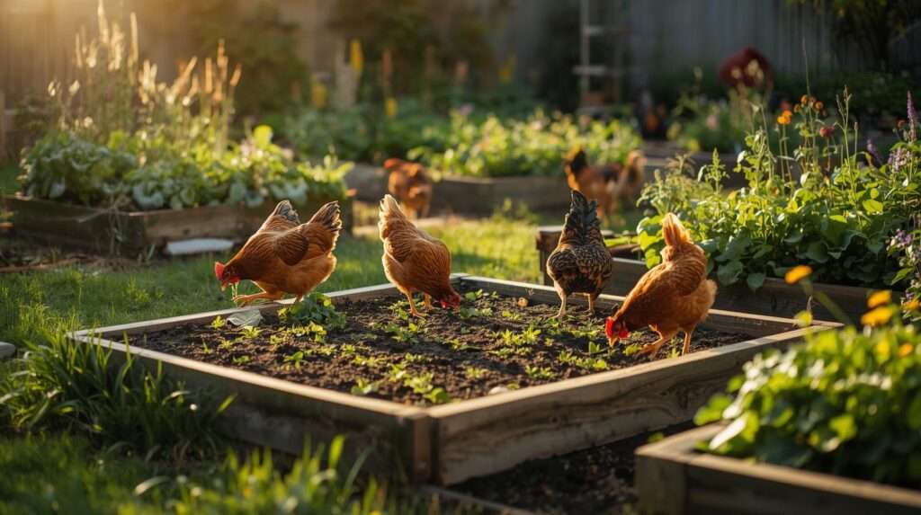 Backyard chickens foraging in a vegetable garden for natural pest control and soil fertilization