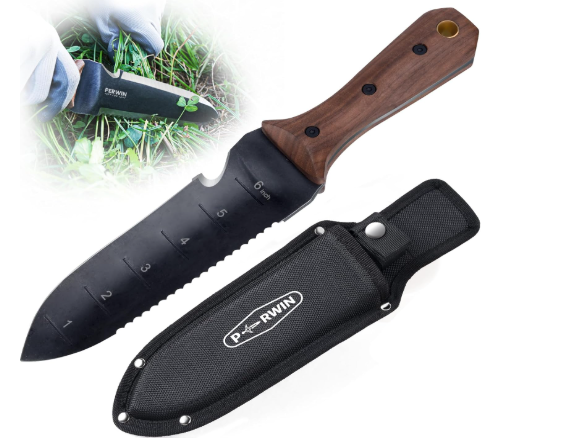 Hori Hori Garden Knife, Garden Tools with Sheath for Weeding, Planting, Digging, 7" Stainless Steel Blade with Cutting Edge, Full-Tang Wood Handle with Hanging Hole