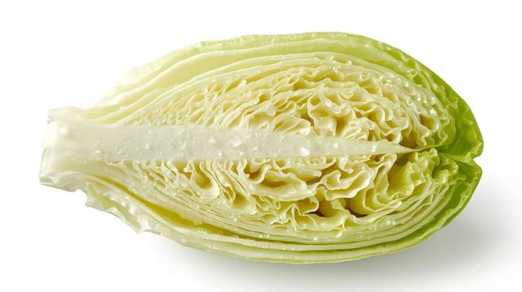 Cross-section of dense crunchy iceberg lettuce head from vertical farming