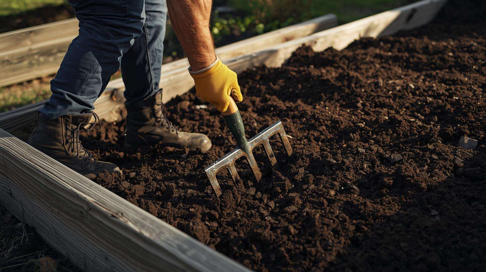 Using broadfork to aerate compacted soil in raised garden bed