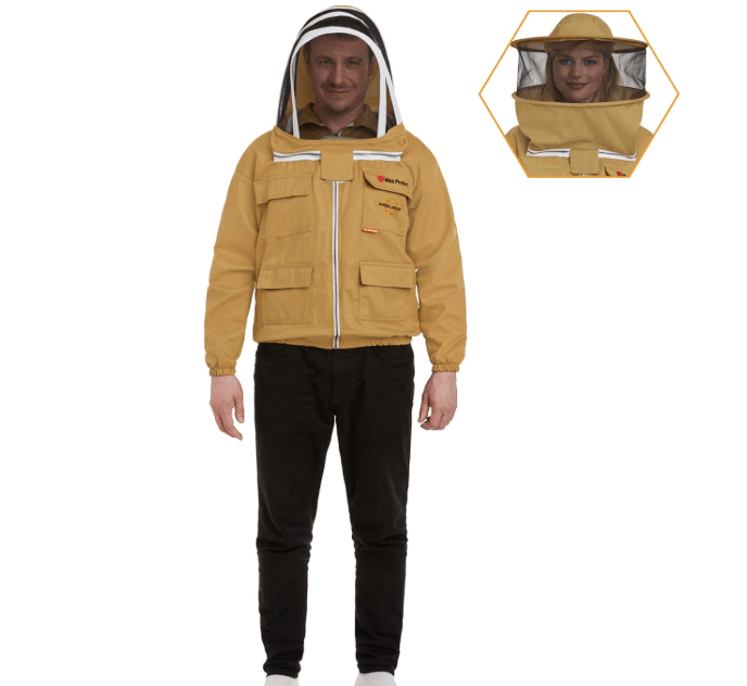 Natural Apiary Max Pro Cotton Jacket Includes 2 x Non-Flammable Veils (Round & Fencing) Maximum Sting Protection for Professional & Beginner Beekeepers, 2X Small, Khaki