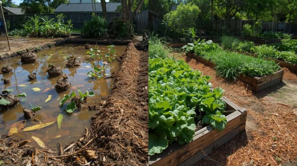 Before and after permaculture transformation fixing clay soil drainage from waterlogged to thriving garden