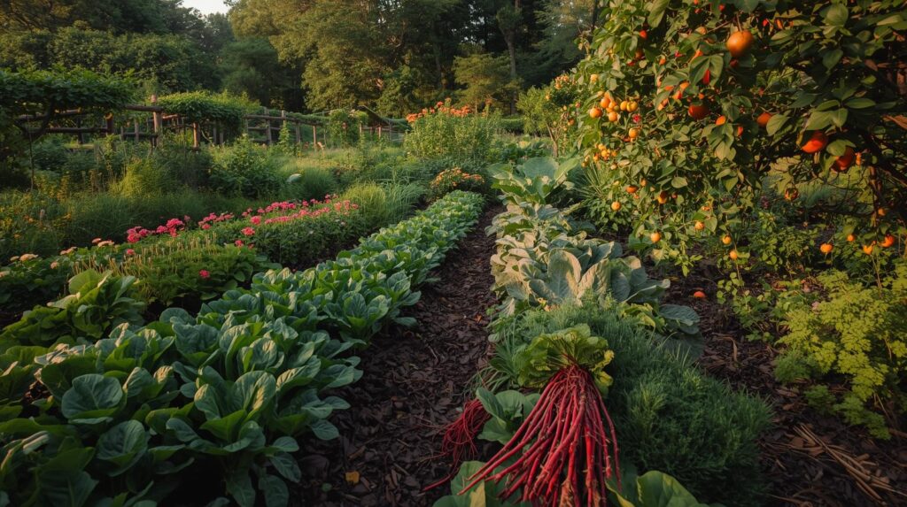 Thriving permaculture garden transformed from heavy clay soil with abundant plants and healthy structure