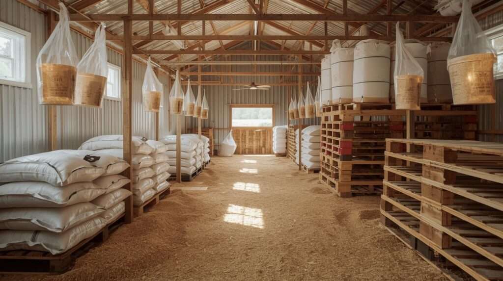 Integrated natural weevil control system with traps, hermetic storage, and sanitation in farm setting