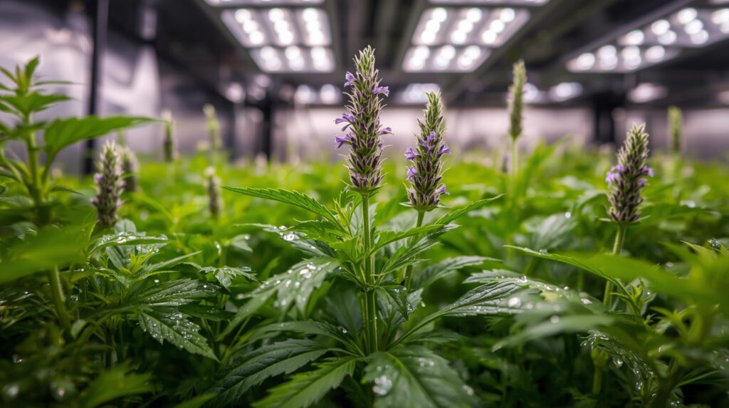 Fresh mullein, lavender, damiana, and marshmallow herbs growing in vertical farm system