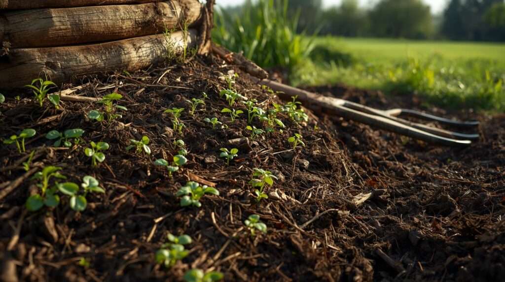 Hügelkultur mound with logs and mulch for small-scale soil building in first-year permaculture.