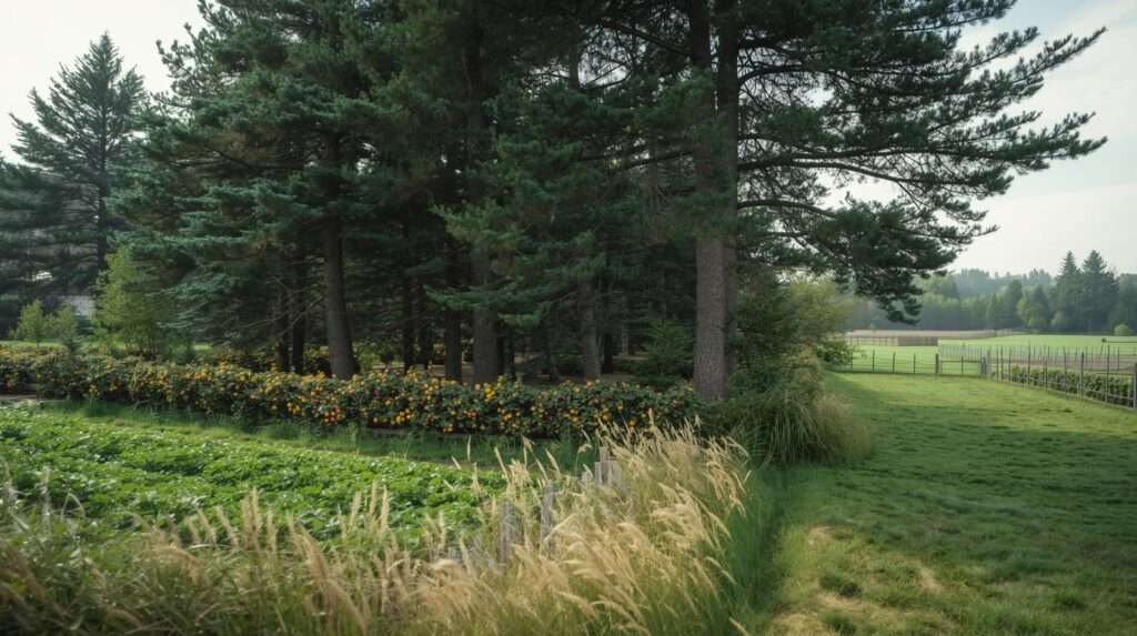 Multi-layered permaculture windbreak protecting gardens and animals on a homestead