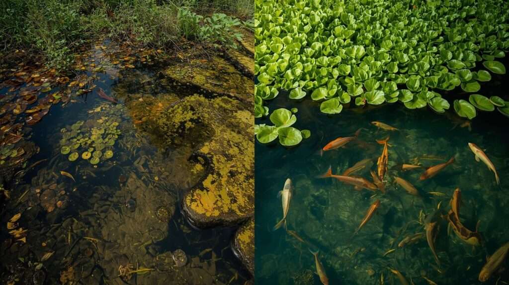 Before-and-after pond transformation with dwarf water lettuce improving water clarity.
