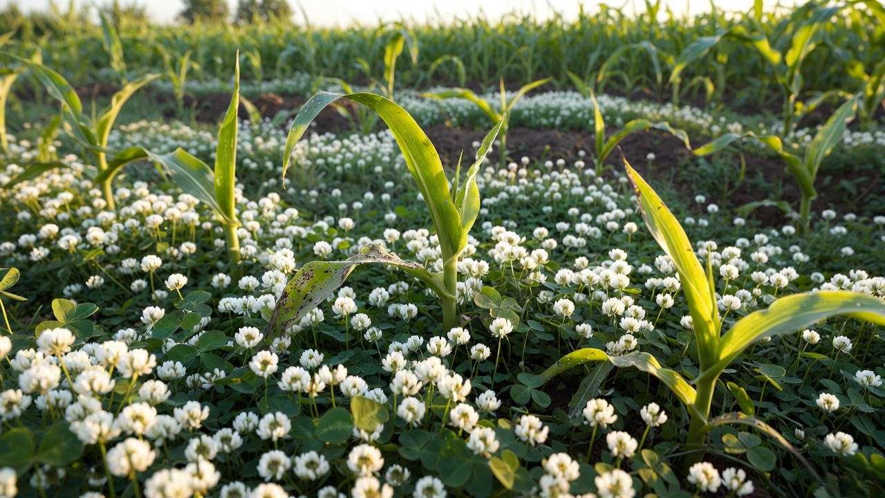 Young corn growing successfully through living four-leaf clover mulch in no-till crop rotation system