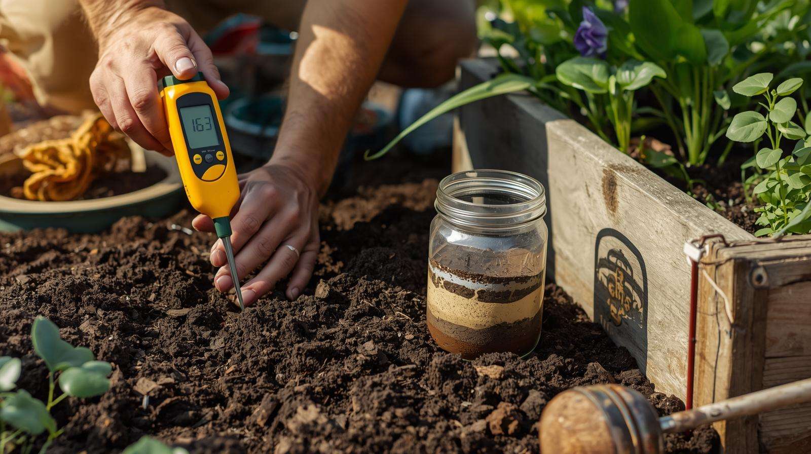 Gardener testing native soil pH and texture for suitability in raised beds.