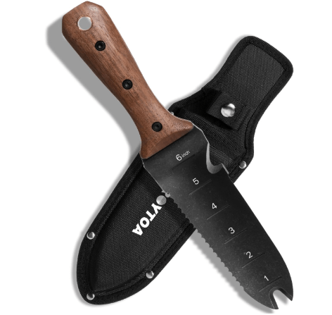 Hori Hori Garden Knife, Garden Tools with Sheath for Weeding,Planting,Digging, 7" Stainless Steel Blade with Cutting Edge, Full-Tang Wood Handle with Hanging Hole