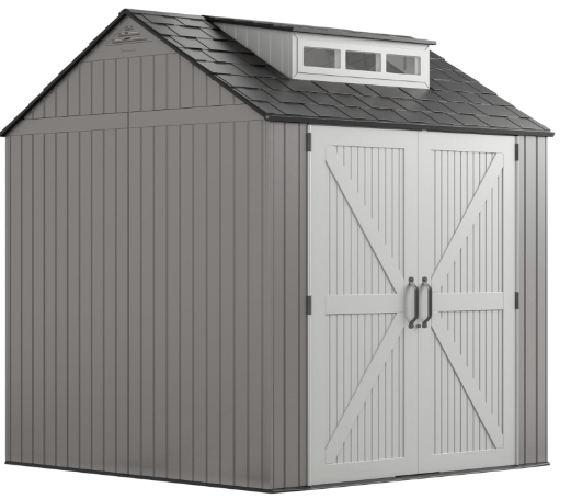 Rubbermaid Resin Outdoor Storage Shed With Floor (7 x 7 Ft) Weather Resistant Gray Organization for Home/Backyard/Garden Tools/Lawn Mower/Bike Storage/Pool Supplie
