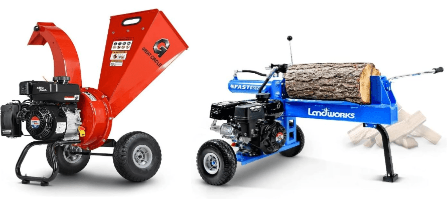 GreatCircleUSA Mini Wood Chipper Shredder 7 HP Gas Powered & Landworks Log Splitter 20 Ton Rapid Auto Return Ram System