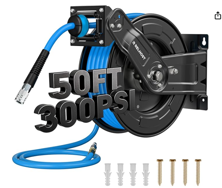Relhost Retractable Air Hose Reel (3/8" x 50 ft Hybrid)