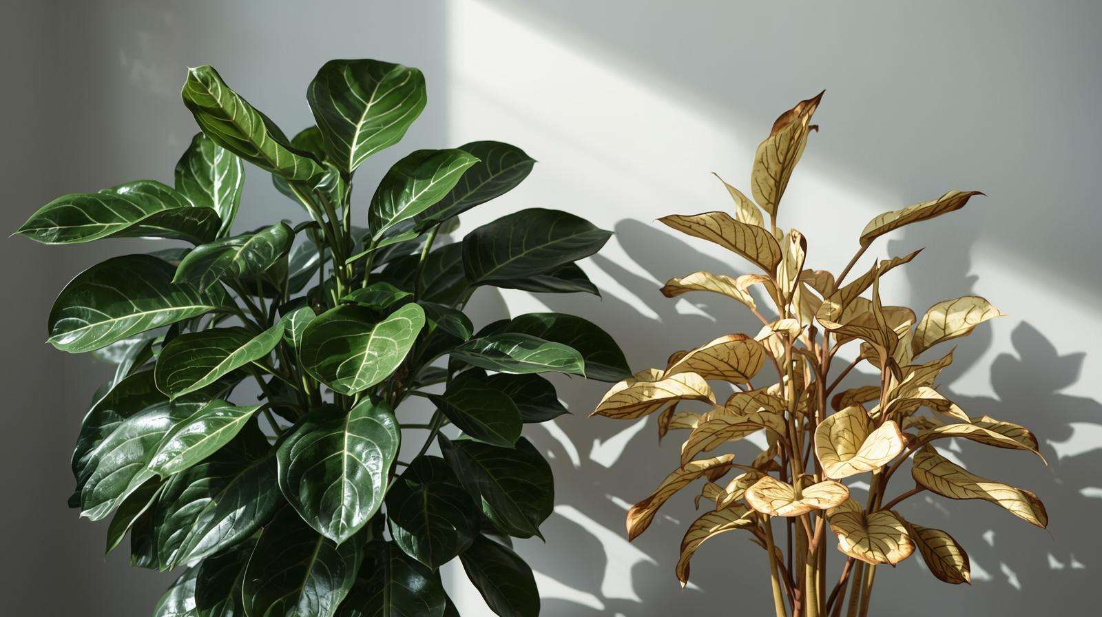 Healthy and nutrient-deficient fiddle leaf fig leaves showing fertilizer impact