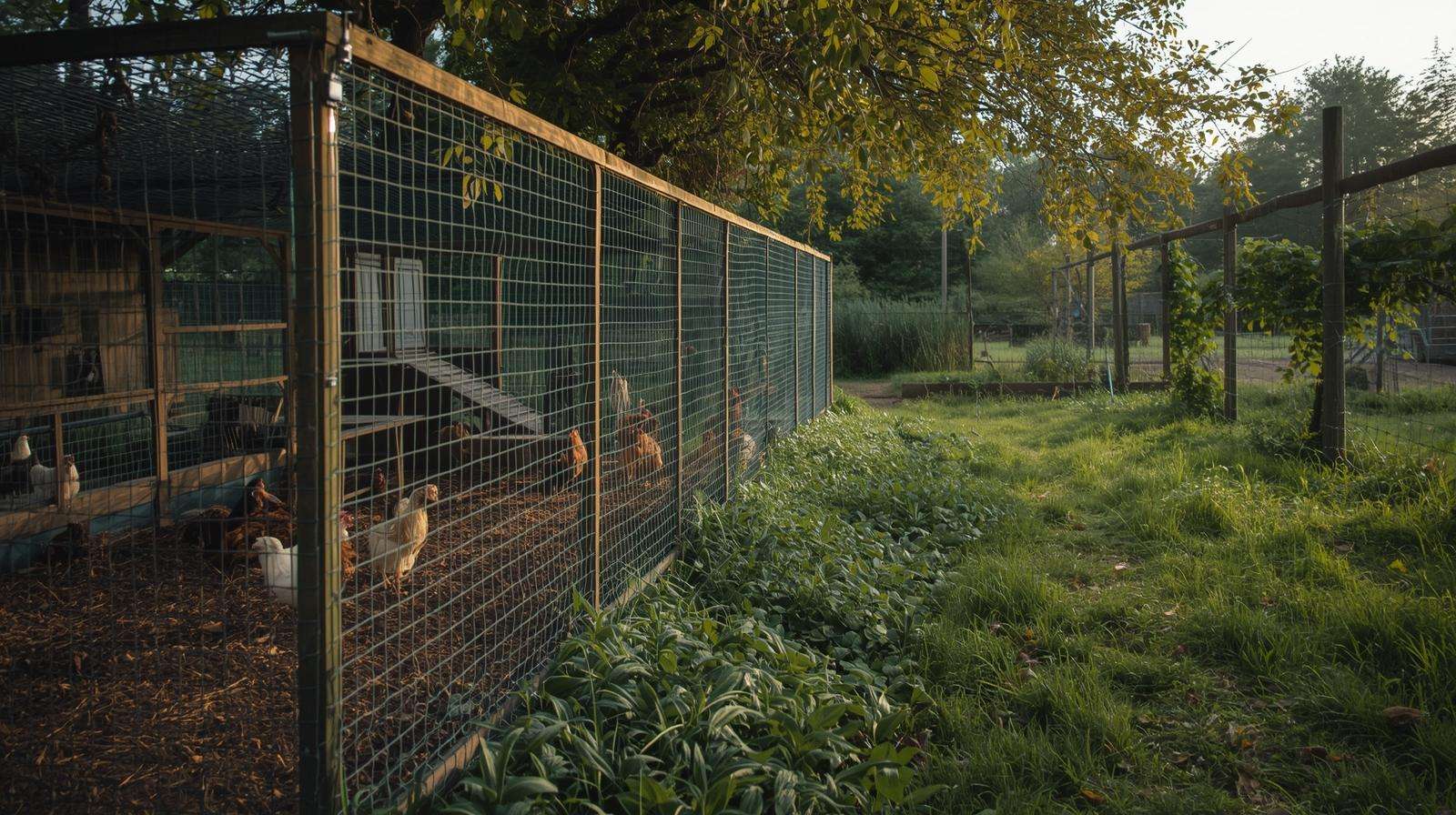 Secure chicken run with predator protection near vegetable garden