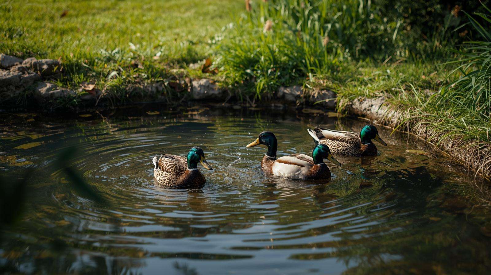  Domestic ducks swimming in a natural backyard duck pond with clean water
