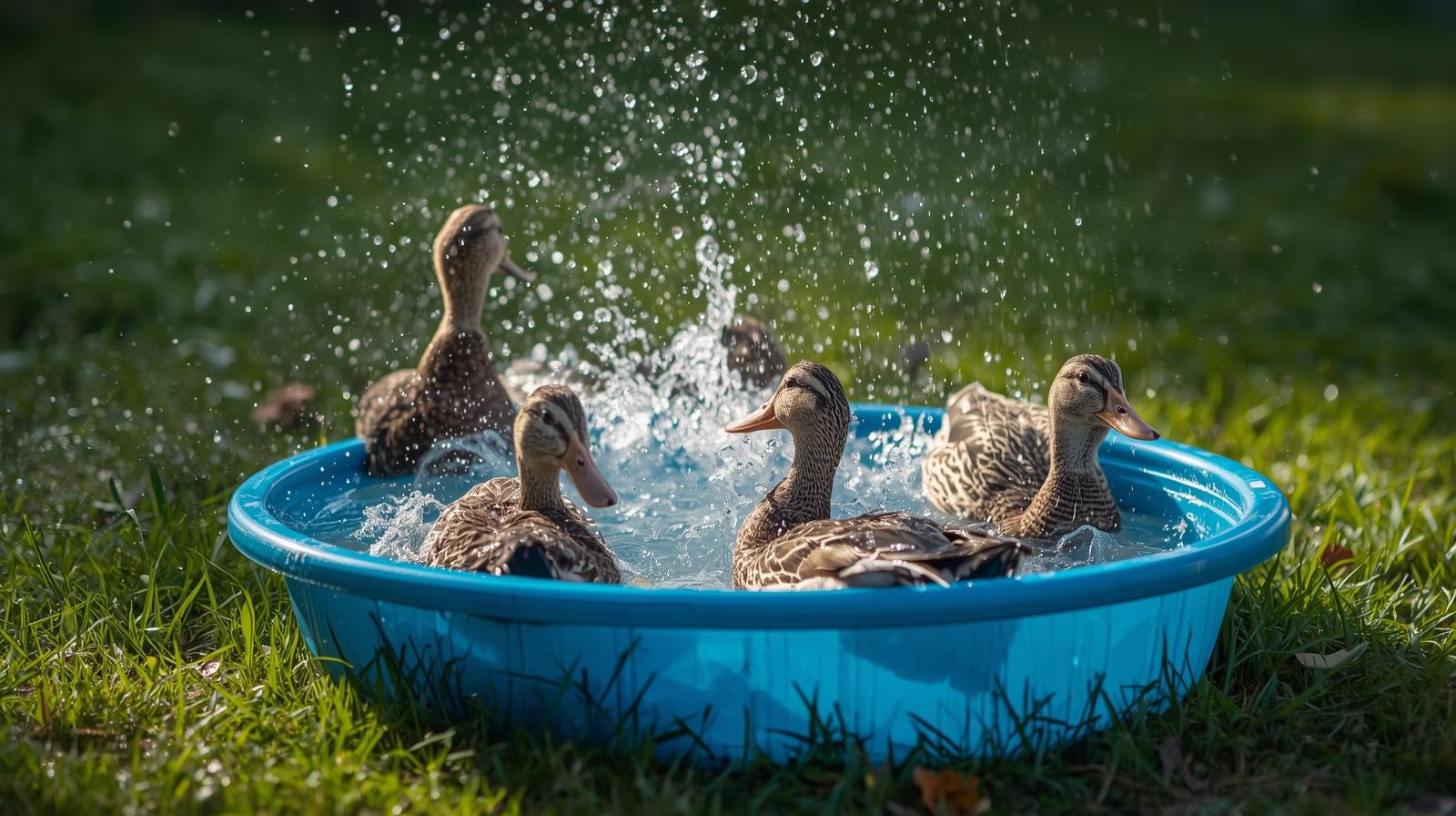  Backyard ducks bathing in a plastic kiddie pool water setup