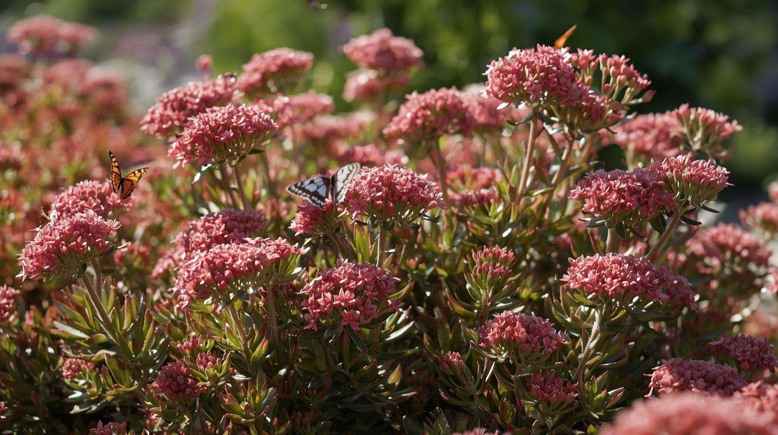 Sedum Autumn Joy pink flowers in late summer perennial garden