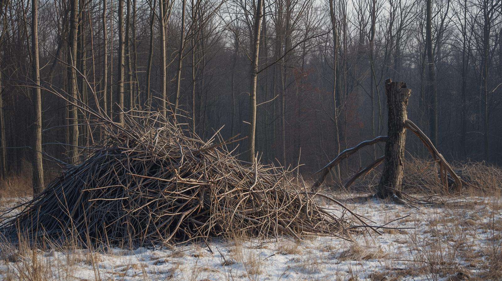 Brush pile and snag for wildlife habitat enhancement in winter woods