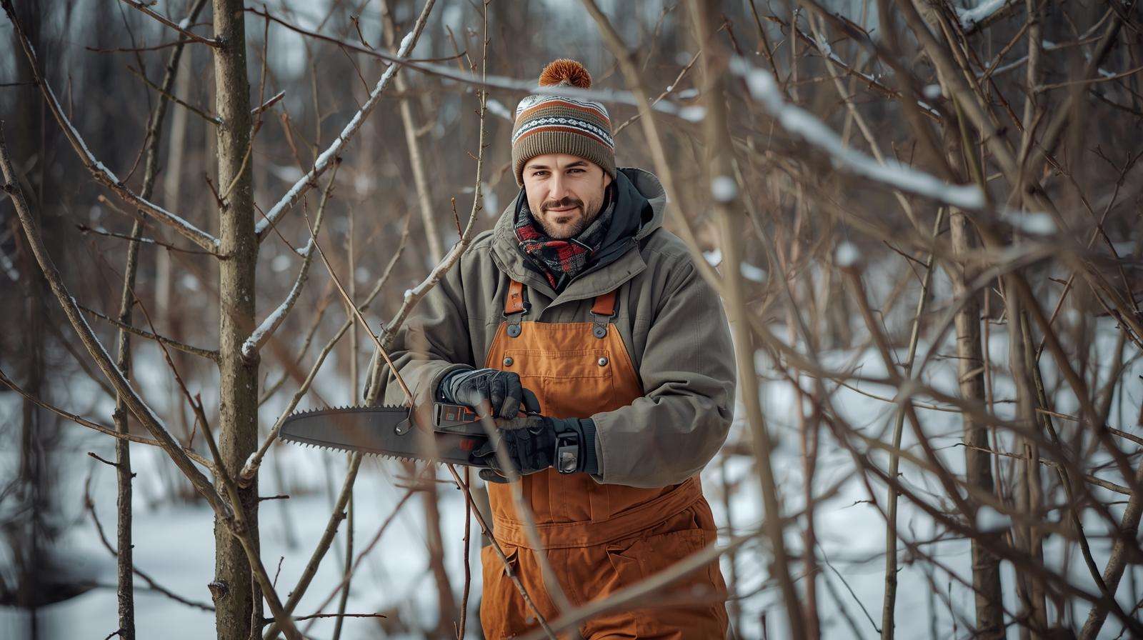 Farmer pruning dormant trees in winter woods for agroforestry health and productivity