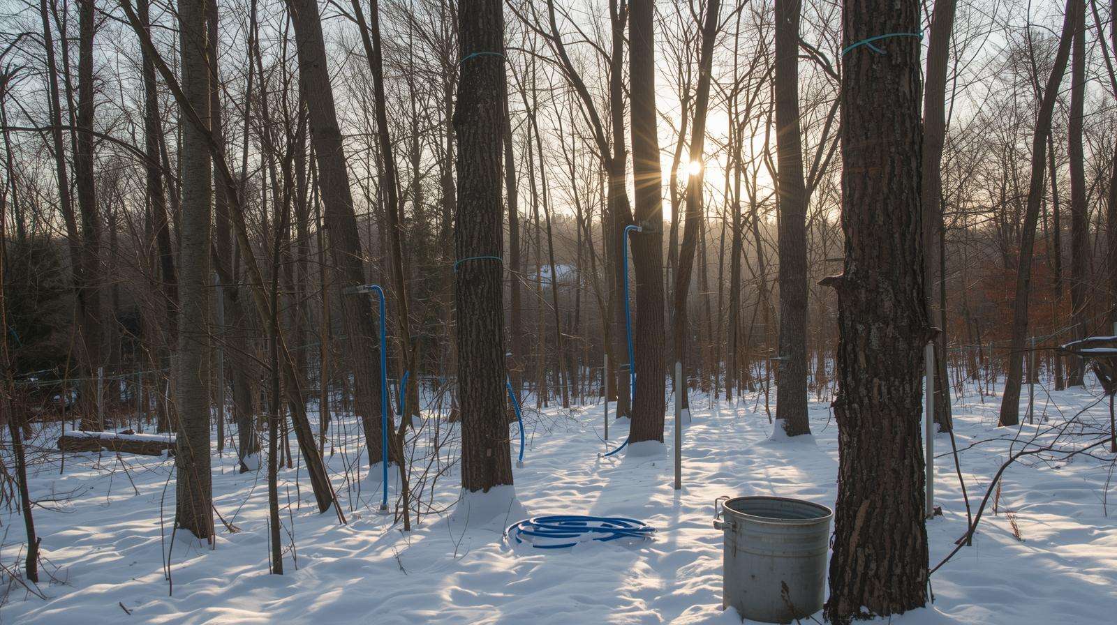 Tapping sugar maple trees for syrup in winter woods agroforestry system
