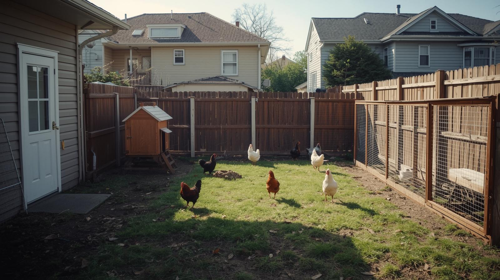  Clean and quiet backyard chicken setup in a town environment
