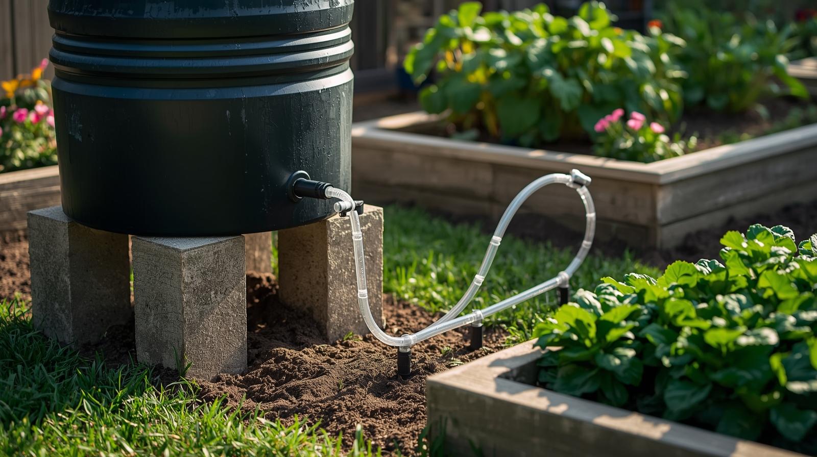  Drip irrigation from rain barrels using a gravity-fed system in a vegetable garden