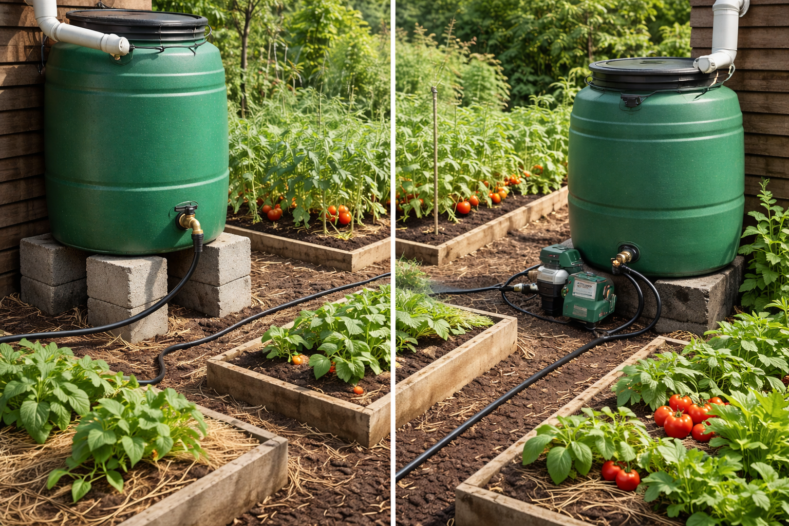  Gravity-fed and pump-assisted drip irrigation from rain barrels comparison