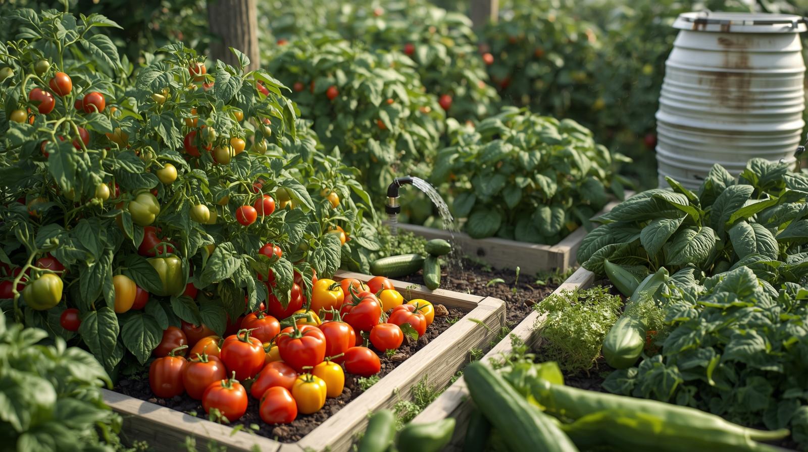  Healthy vegetables grown with drip irrigation from rain barrels