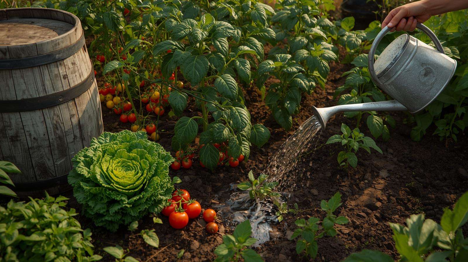  Healthy vegetable plants grown using rain barrels for veggie gardens