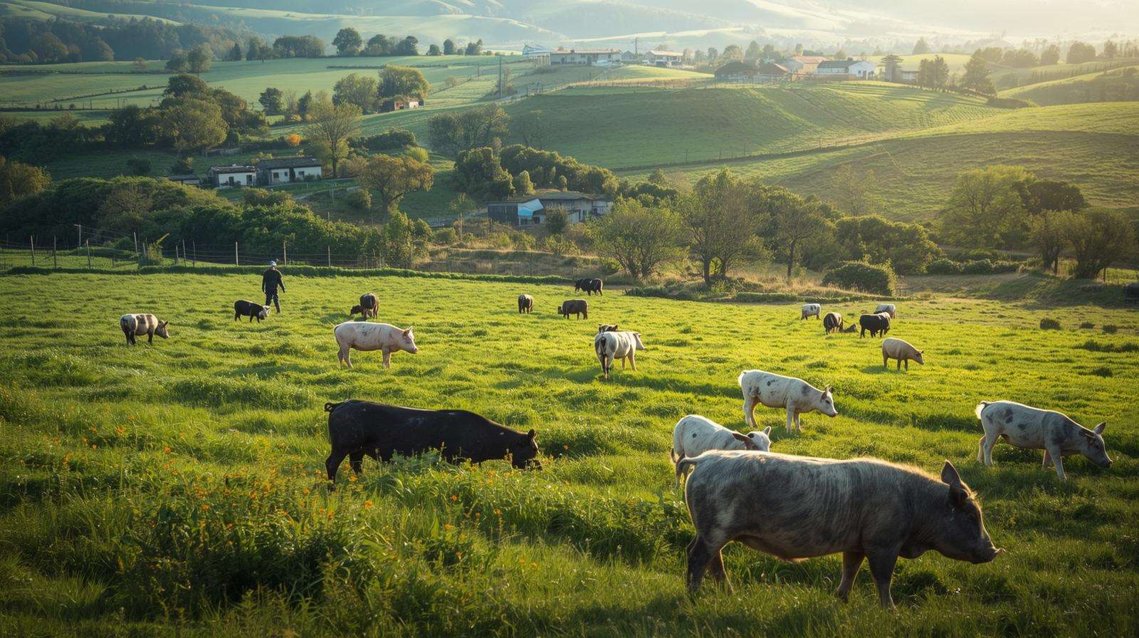 Successful farm using mixed herds with pigs, cows, and sheep