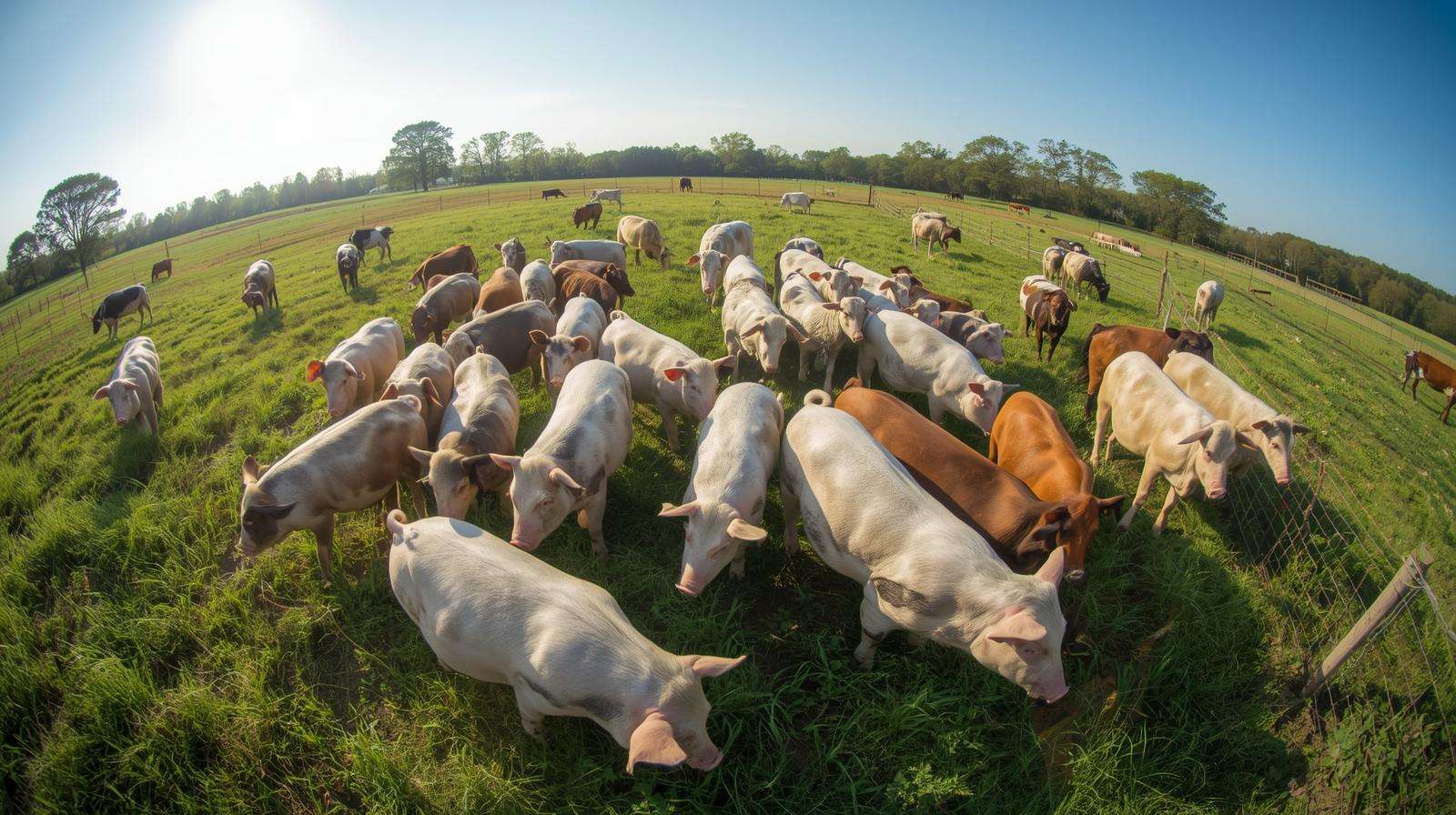Mixed herds with pigs, cows, and sheep grazing together in a managed pasture system