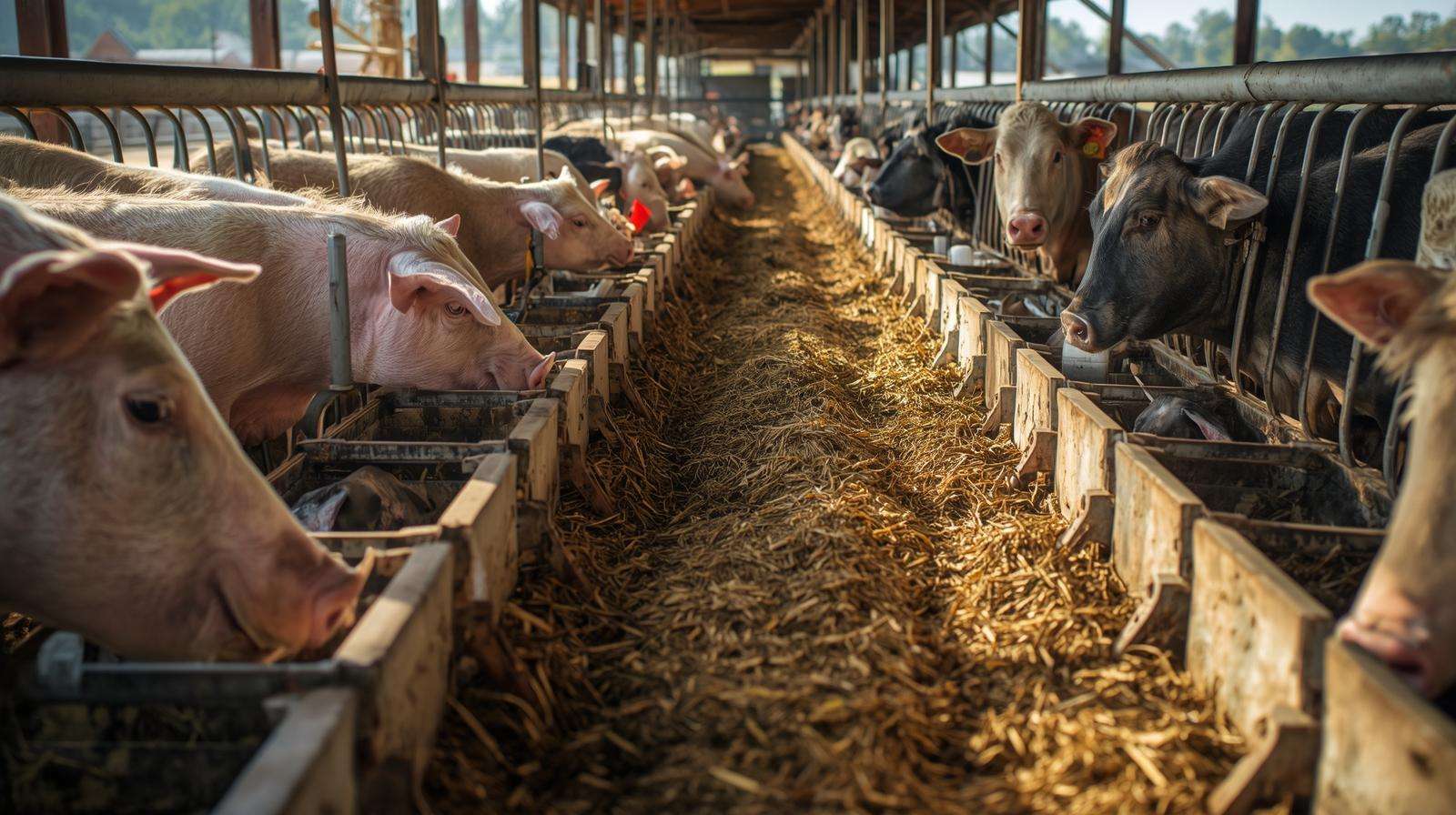 Separate feeding stations for pigs, cows, and sheep in a mixed herd system